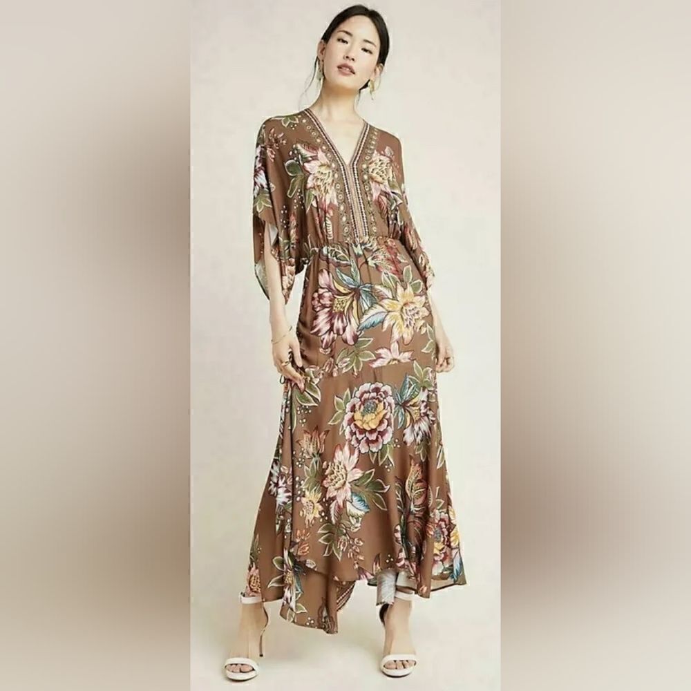 Farm Rio Anthropologie Valentina Dress In Brown Motif Size Extra Small NWT